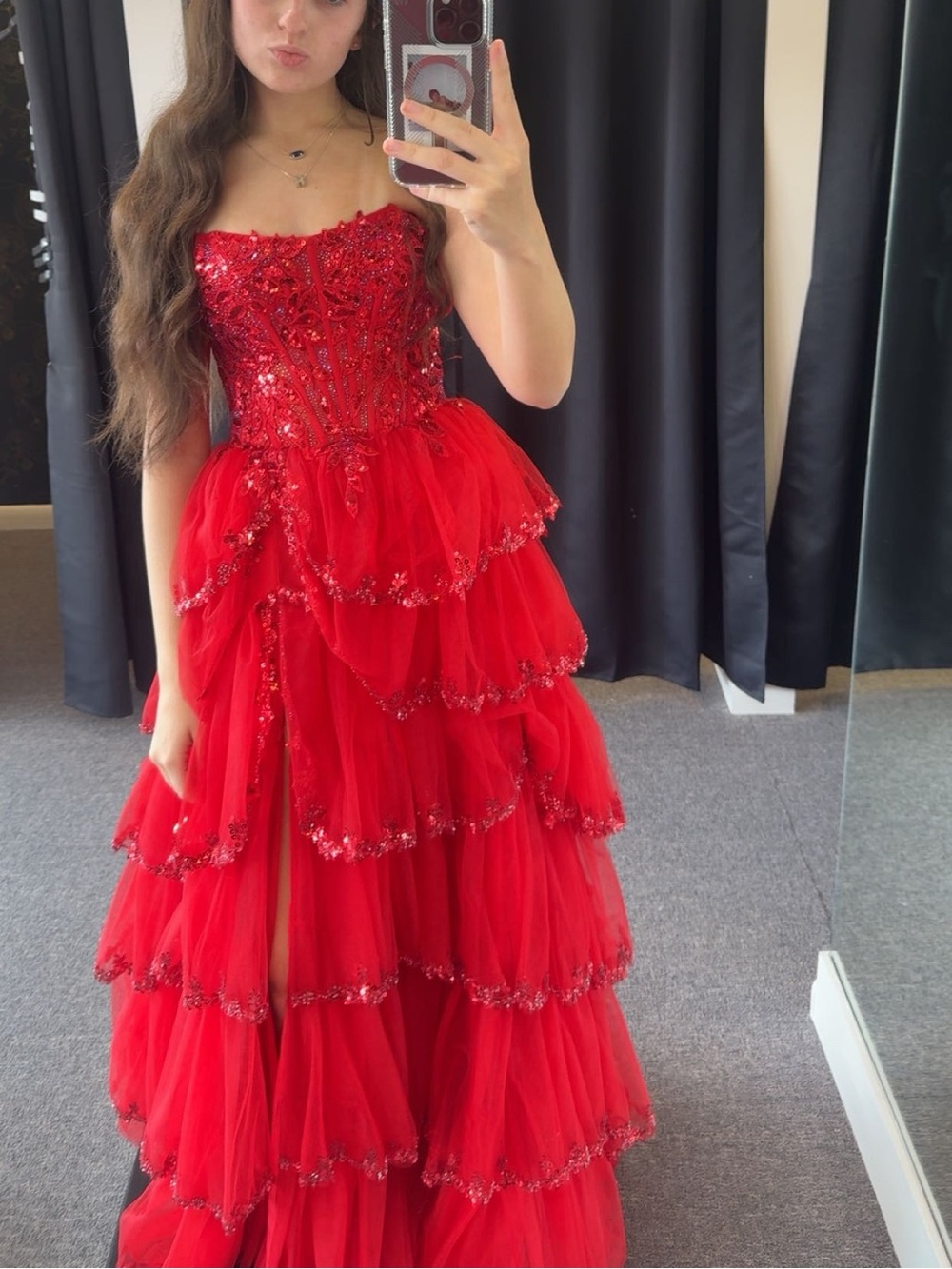 Glamorous Red Tiered Tulle Prom Gown with Sequin Bodice - Picture 6 of 6